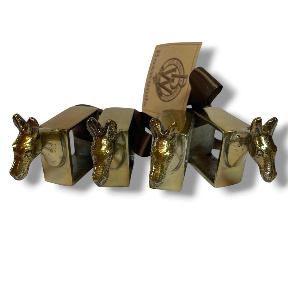 New Boxwoods Set of 4 Brass Tone Horse Napkin Rings Equestrian Table Decor